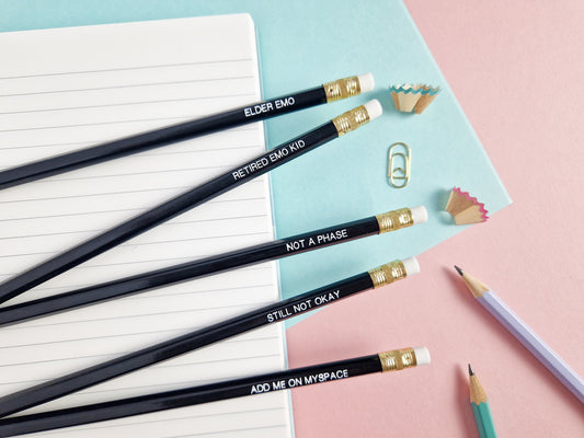 Elder Emo Pencil Set: Pop Punk Foil-Pressed Pencils, Set of 5