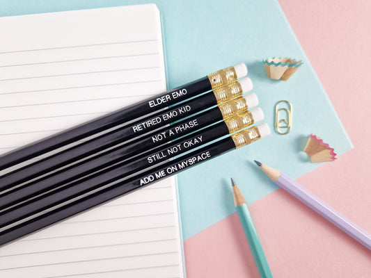 Elder Emo Pencil Set: Pop Punk Foil-Pressed Pencils, Set of 5